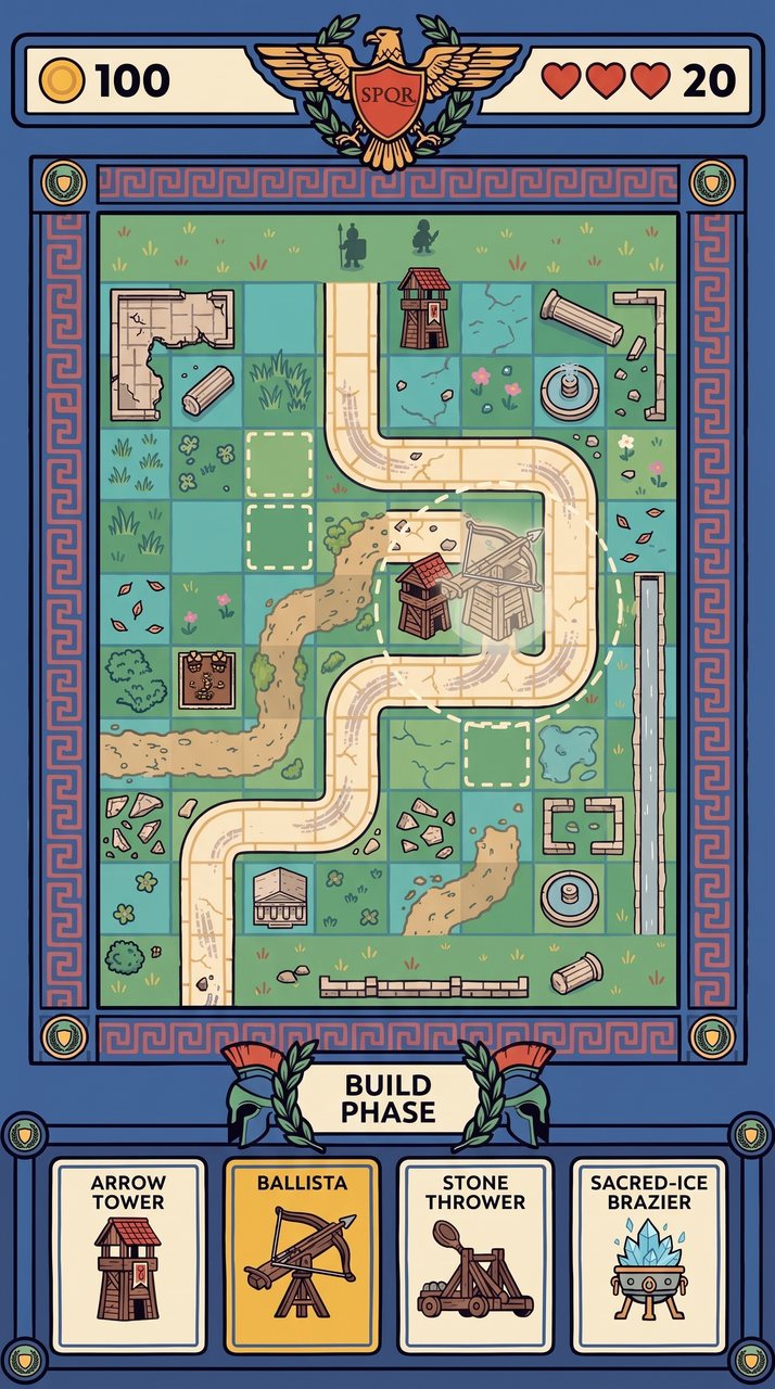 Build phase — placing a ballista on a grass tile with its range shown