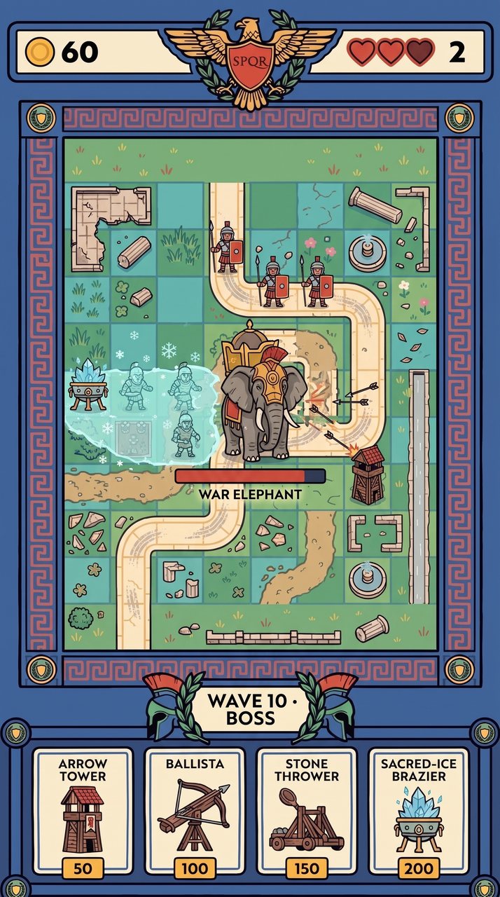 Wave 10 boss — an armoured war elephant slowed by a sacred-ice brazier, two hearts left