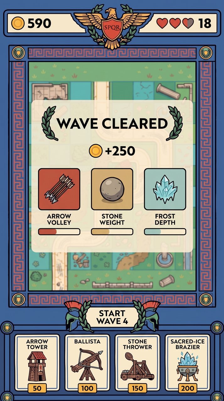 Wave cleared — 250 coins and a choice of three upgrades